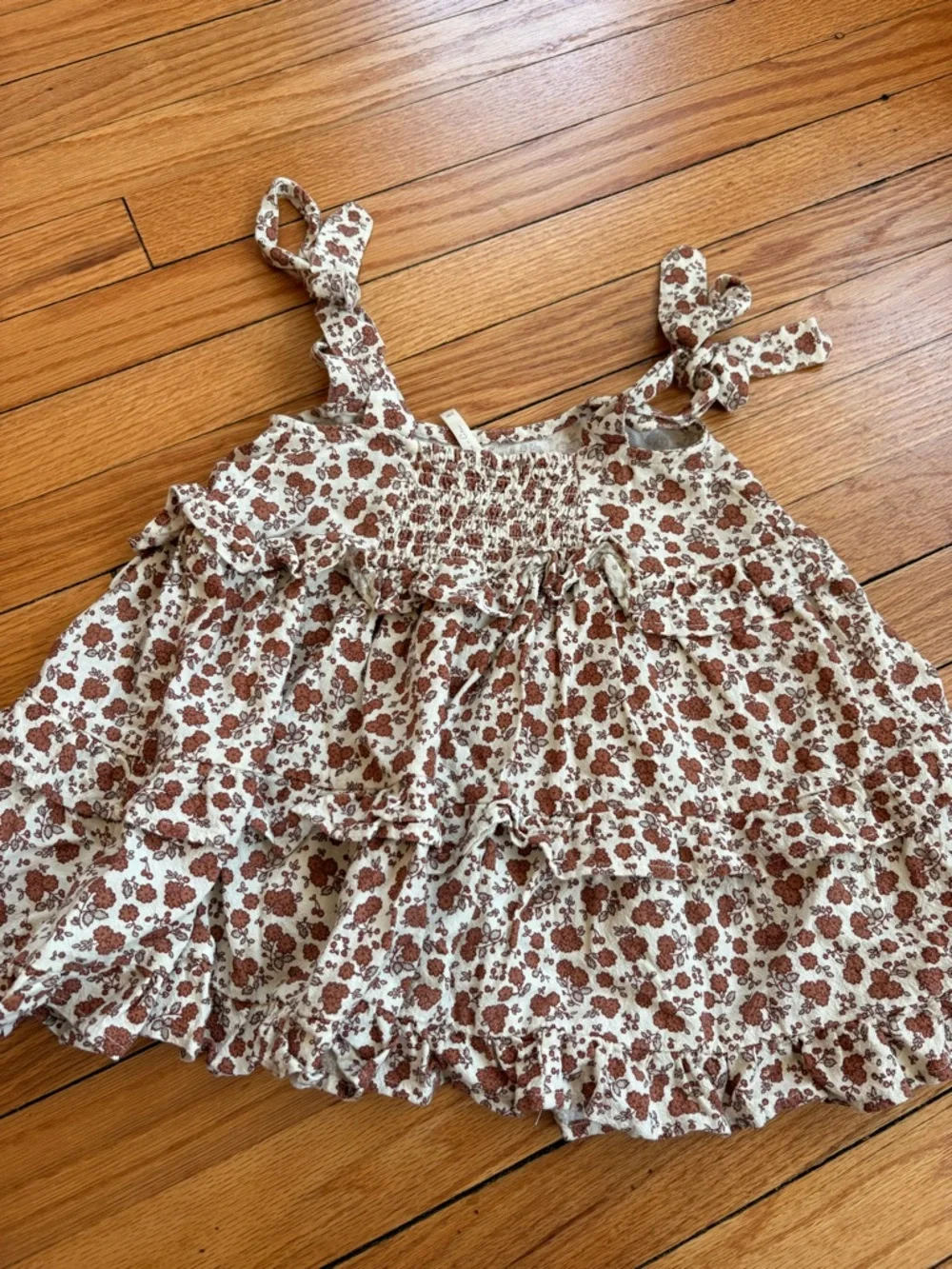 Rylee + Cru Cream Dress with Brown Floral Print and Tie Shoulders Size 2T - 3T